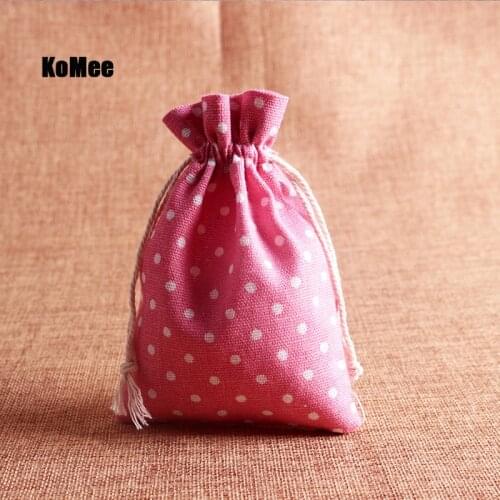 Hot sale 20pcs/lot (10x14cm) Pink Polka Dots Cotton cloth bag Natural Burlap Bags with wedding birthday party gift bag