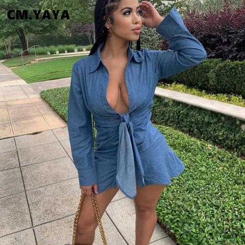 CM.YAYA Women Mini Dress Solid Cleavage Bandage Stretchy A-line Dresses Sexy Night Club Vestidos Female Fashion Outfits Autumn