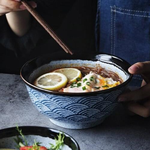 Sea Ripple Underglaze Ceramic Noodle Bowl Ramen Bowl Japanese Tableware Large Bowl Household Creative Ceramics for Kitchen