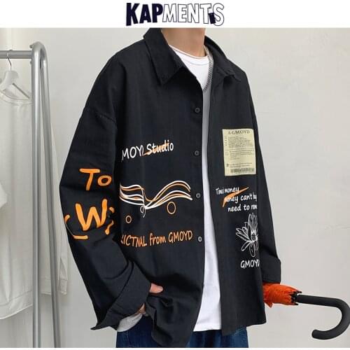 KAPMENTS Men Streetwear Printed Casual Shirts 2020 Man Harajuku Japan Style Shirt Couple Korean Oversized Long Sleeve Clothing
