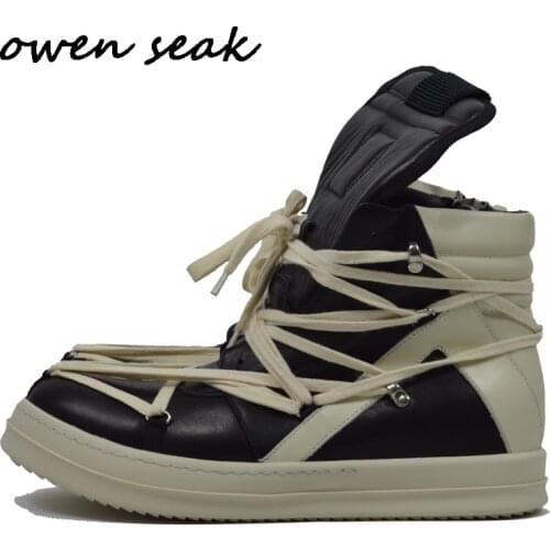 20ss Owen Seak Men Boots Genuine Leather High-TOP Ankle Boots Luxury Trainers Casual Lace-up High Street Zip Flats Black Shoes