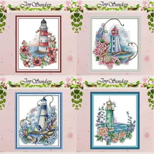 Poppy rose Blue lighthouse scenery counted 11CT 14CT Cross Stitch Sets DIY Cross-stitch Kits Embroidery Needlework Home Decor
