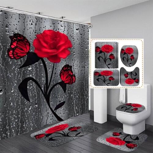 Red Rose Butterfly Bathroom Non-slip Mat Set Durable Waterproof Shower Curtain Set Pedestal Rug Lid Toilet Cover Bath Mat Rugs