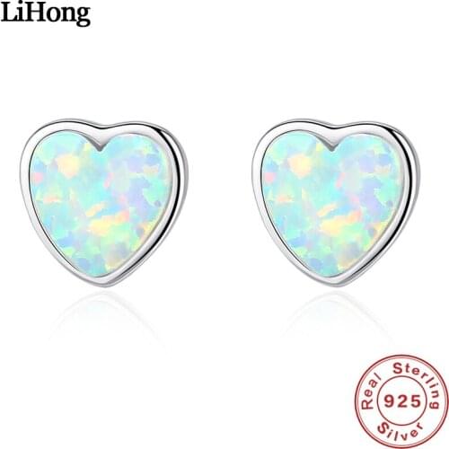 New Simple White/Blue/Green Opal Heart Stud Earrings 925 Sterling Silver Fashion Jewelry for Women
