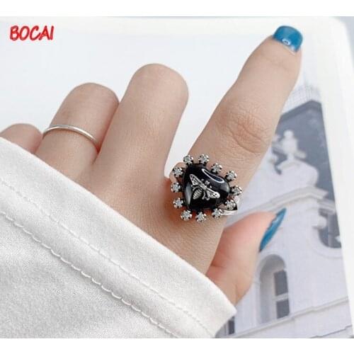 New style 925 sterling silver bee black agate ring female opening retro fashionable ring wild personality jewelry