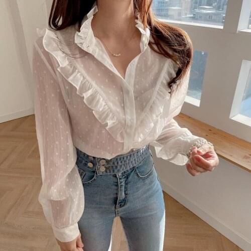 2021 Autumn Women Long Sleeve Shirt New Ruffled Chiffon Blouse Vintage See Through Single Breasted Shirt Ropa De Mujer 15783