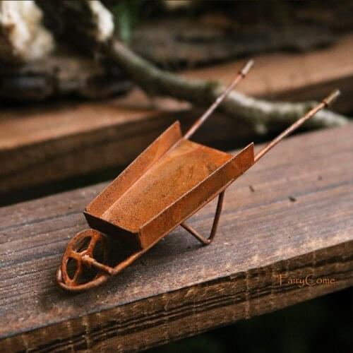 Rusty Miniature Wheelbarrow Fairy Garden Mini Wagon Vintage Metal Miniature Craft Supplies Garden Terrarium Decor Accessories