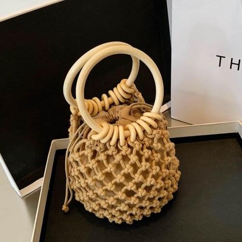 With Inner Bag) Handmade Drawstring Straw Bag Summer Fashion One-shoulder Woven Beach Bag Women Bag Handbag Wooden Handle bolso