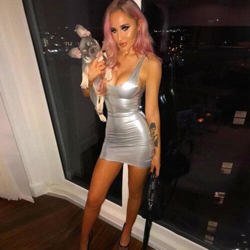 Sexy Bodycon Metallic Silver Y2K Tank Dress for Women Kawaii Girls High Waist Vintage 2000s Aesthetic Y2K Mini Party Dresses