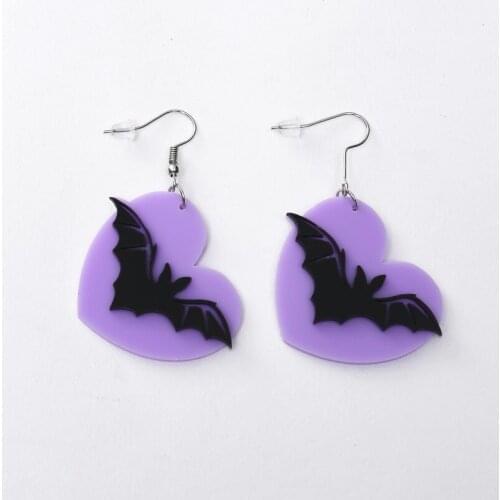 Funny Light Purple Love Heart Acrylic Drop Earrings Halloween Animal Bat Dangle Earrings for Women Girls Cool Punk Party Jewelry