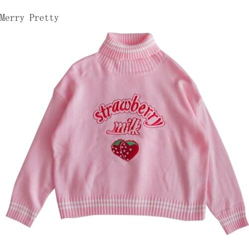 Merry Pretty Womens Sweaters Japanese Kawaii Sweet Cute Strawberry Turtleneck Sweater Female Korean Harajuku Clothing for Girls