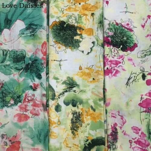 Cotton/linen ethnic style YELLOW ROSE RED big LOTUS leaves fabric for DIY Autumn apparel dress tablecloth cushion craft decor