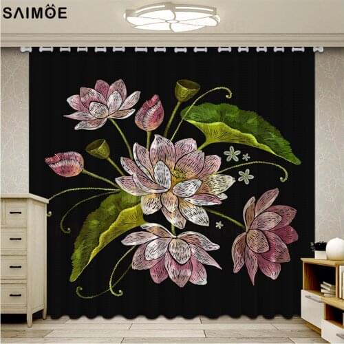 Vintage Lotus Window Curtain For Living Room Luxury Bedroom Blackout Curtain Ultra-thin Micro Shading Cortinas Home Decor