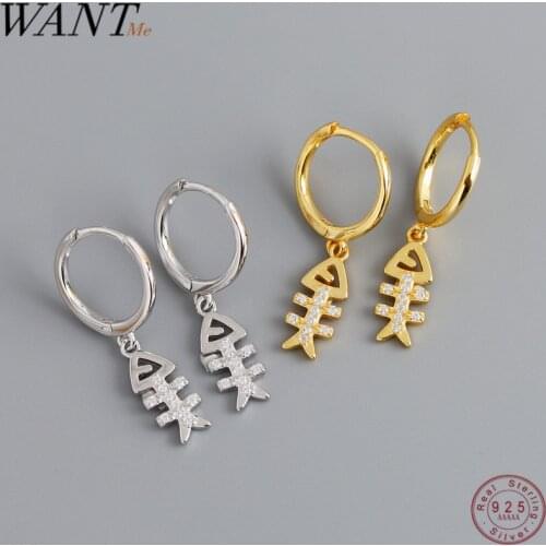 WANTME Cute Punk Minimalist Fish bone Skeleton Hanging Studs Earrings Real 100% 925 Sterling Silver Pave CZ Fine Jewelry Gift