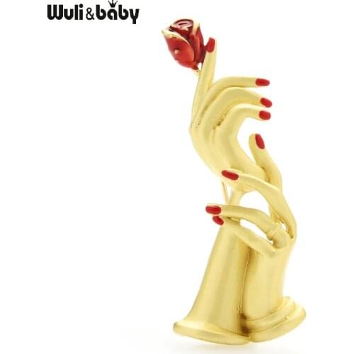 Wuli&baby Carry Rose Flower Hands Brooches Women Men 2-color Enamel Hand Party Office Brooch Pins Gifts