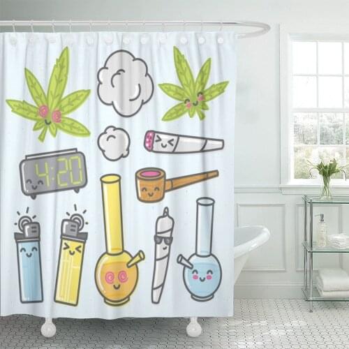 Green Kawaii Cartoon Pack Weed Shower Curtain Waterproof Polyester 72 x 72 Inches Set with Hooks