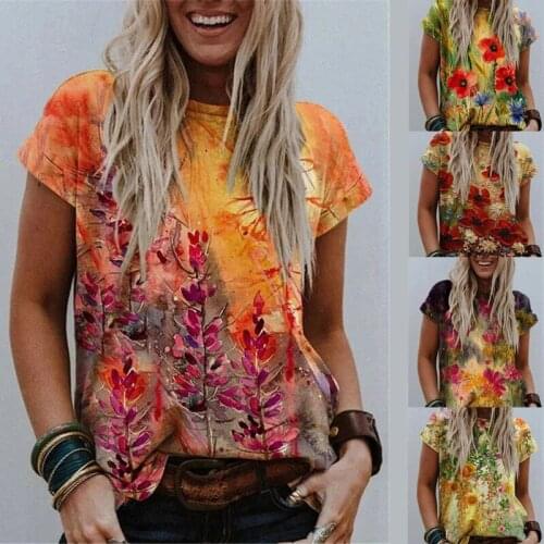 2021 New womens T-Shirt Short Sleeve Casual T-Shirt Summer Flower Print Fashion top 5XL Womens loose T-shirt o-neck oversize