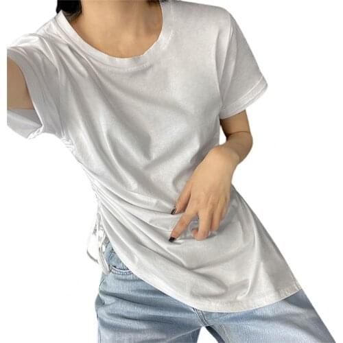 Women Summer O Neck Short Sleeve Shirring Side-slit Casual Pullover T-shirt for Dating Solid Color Tops Fashion Tees Loose Tops