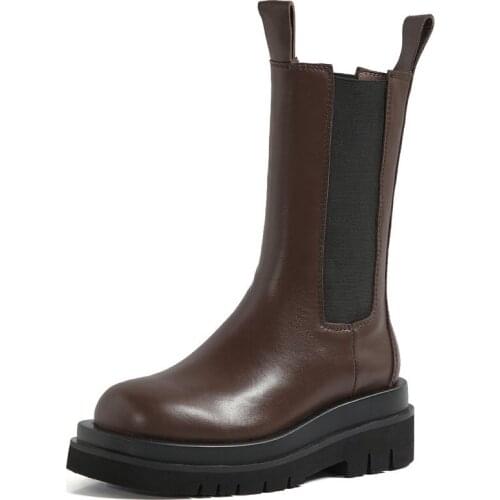 2021 Genuine Leather Boots Women Thick Sole Chelsea Boots British Style Winter Platform Ankle Boots size 33-43