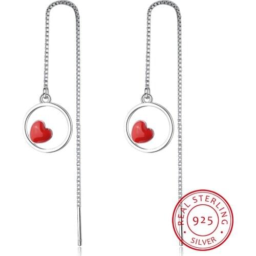 New Trendy Circle Red Love Heart long Earrings For Women 925 Sterling Silver Earrings oorbellen pendientes S-E773