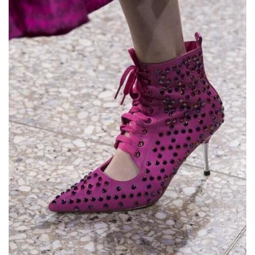 New Arrivals Pink Leather Ladies Runway Boots Pointed Toe Lace-up Rivets Metal Heels Women Ankle Boots Sexy Ridding Boots