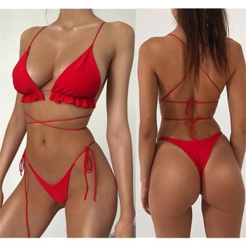 2020 New Sexy String Lace Up Bikini Candy Color Swimwear Women Two Piece Brazilian Swimsuit Long rope Ruffle Bathing Suit Women