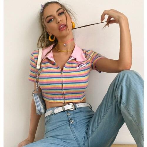 Y2K 2021 Womens Striped Print Crop Tops Short Sleeve Lapel V Neck Zip Up Rib Knit T-Shirts