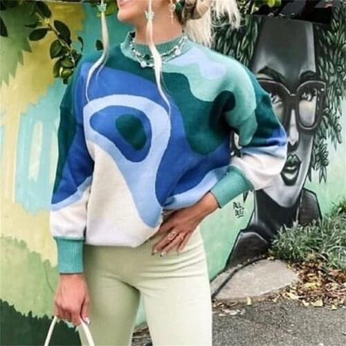 2021 Autumn Winter Womens Sweater Irregular Stitching Color Printing and Dyeing Pattern Loose Version Knit Woolen Blouse