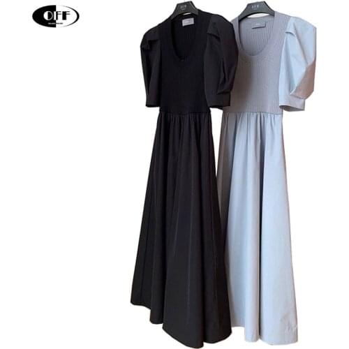 Chic Women Sweater Pullover Long Dresses Summer New Fashion Stretch Knit Body Patched Poplin Sleeve Modern Lady Patchwork Dress
