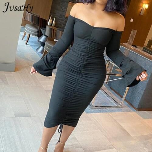 JuSaHy Elegant Knitted Slash Neck Solid Maxi Dress for Women Fashion Flare Sleeves Bodycon Pleated Dress Street Party Outfits