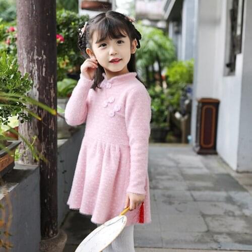 Winter Autumn Girls Chinese National Style Sweater Dresses Traditional Girl Fashion Cute Children Princess Dress Warm Clothes
