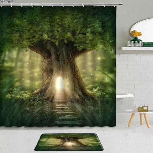 2Pcs Psychedelic Forest Shower Curtain Plants Green Leaf Fish River Mushrooms Lawn Bathroom Non-Slip Bath Mat Cloth Curtains Set