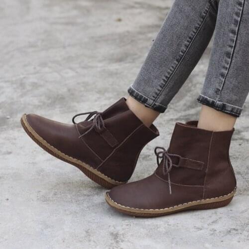 Womens Boots Genuine Leather Ladies Ankle Boots Round toe Lace up Woman Shoes Female Spring Autumn Footwear