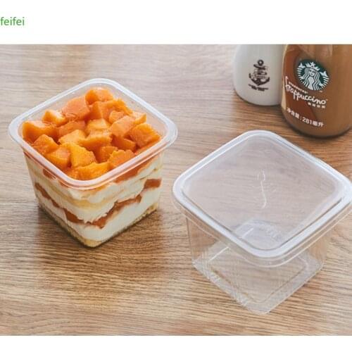 50PCS 300ml Dessert Cups Pudding Jelly Ice Cream Plastic Cups Creative Square Transparent Cake Box Decoration Supplies with Lids