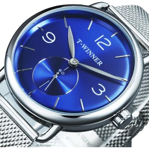 WINNER Luxury Brand Watch Men Fashion Mechanical Silver Mesh Strap Blue Marine Dial Casual Simple Ultra Thin Mens Wristwatches