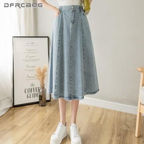 Elastic High Waist Vintage Denim Long A-Line Skirt For Woman 2021 Summer Loose Long Skirts Jeans Femme Light Blue