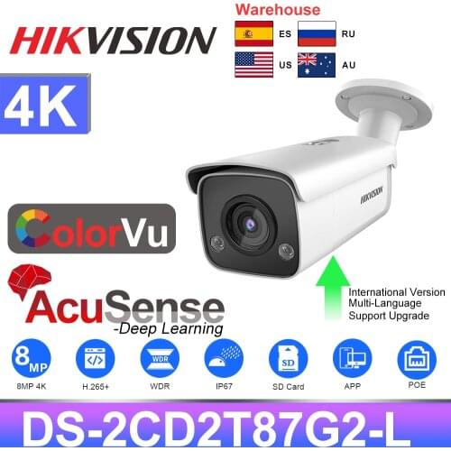 Hikvision 4K 8MP IP Camera DS-2CD2T87G2-L ColorVu AcuSense Bullet IP67 60M Led 25FPS Smart H.265+ SD Slot Human and Vehicle