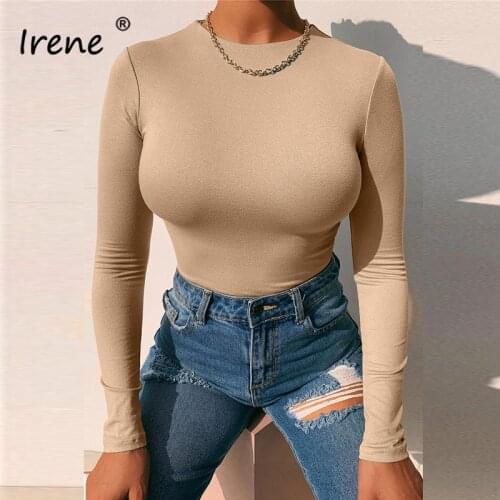 Irene Sexy Bodycon Jumpsuit Womens Rompers Solid Skinny O Neck Long Sleeve Bodysuit Female 2021 Spring Casual Black Bodys Tops