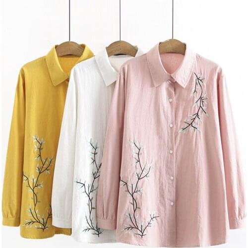 Plus Size Shirt For Women Lapel Long Sleeve Natural Cotton And Linen Fabric Shirt Embroidery Flowers Large Size Tops In Autumn