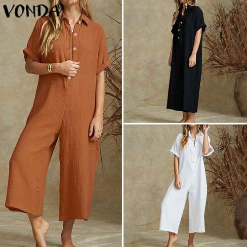 VONDA Vintage Rompers Women Jumpsuits 2021 Summer Casual Short Sleeve Plus Size Playsuits Elegant Wide Leg Pants Sexy Overalls
