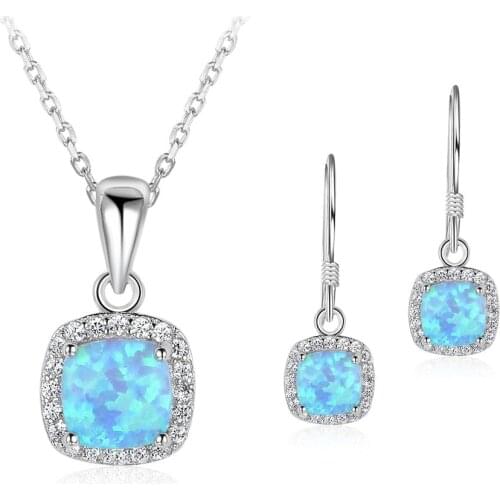 Fashion Classic Luxury Square necklace Earrings jewelry set Trendy women Fire Opal pendant Necklace for girl Christmas Gift