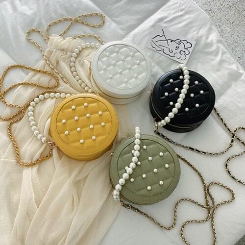 High Quality PU Leather Round Handbag Womens Crossbody Messenger Pearl Girl Plaid Bag Women Coin Purse Shoulder bag