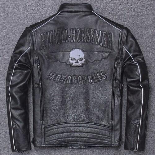 Locomotive Male Genuine Leather Layer Cowhide Jacket Human Skeleton Head Cycling Motorcycle Clothes Flight Pilot Bomber