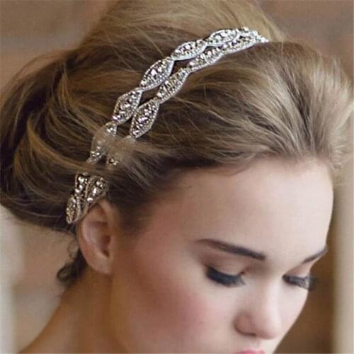 Fashion Rhinestone Bridal Headband Crystal Wedding Hair Vine Accessories Satin Ribbon Hairband