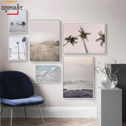 Coastal Gallery Wall Art Prints Pastel Palm Tree Canvas Painting Ocean Posters and Prints Nordic Wall Pictures for Living Room