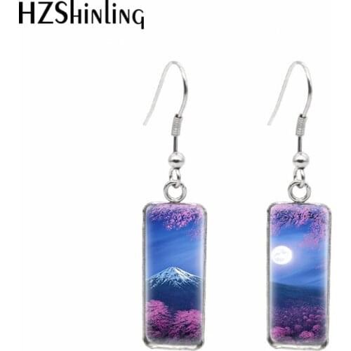 2021 New Sakura Mountain Painting Rectangular Earring Flower Art Fish Hook Earrings Glass Cabochon Handmade Jewelry