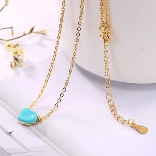 New S925 pure silver gold-plated pendant with delicate natural turquoise inlay love ms clavicle chain sets of chain