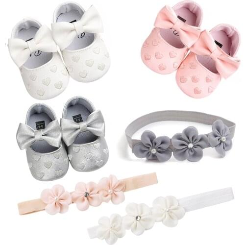 Baby Girls Shoes Headband Set Cute Heart Princess Soft Breathable Dress Shoes PU Leather Flower Hairband for Infant Newborn
