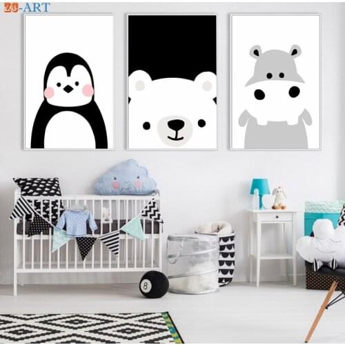 Penguin Hippo Bear Poster Cute Canvas Painting Nursery Art Print Black and White Wall Art Boy Bedroom Decorative Pictures