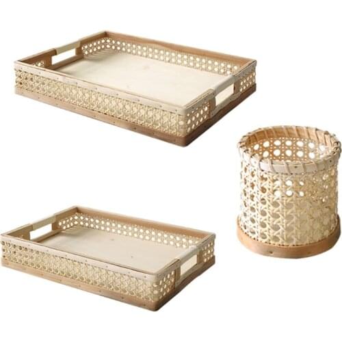 Hand-woven Rattan Desktop Storage Basket Creative Organizer Plate Food Serving Tray Arrangement Platter Retro Classic